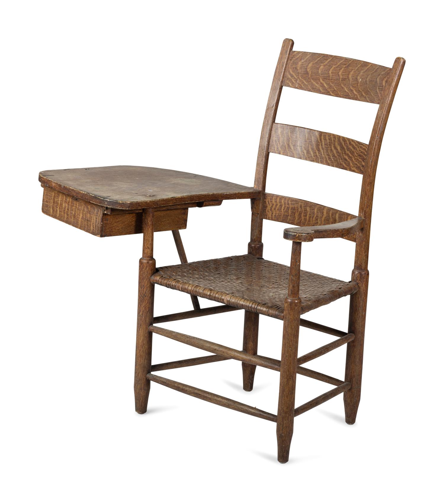 A Grain Paint Decorated Woven Reed-Seat Ladder-Back Writing Armchair