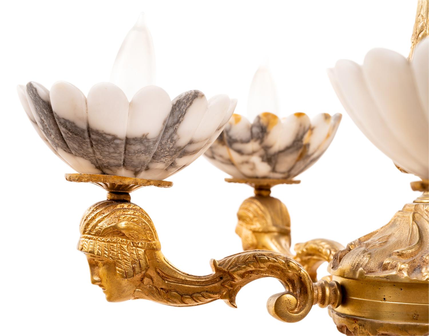 An Empire Style Gilt Bronze and Alabaster Five-Light Chandelier