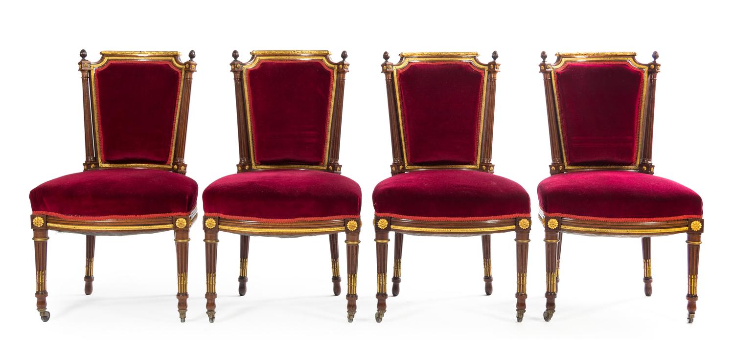 A Louis XVI Style Gilt Bronze Mounted Mahogany Salon Suite Height of settee 38 1/4 x width 63 x depth 31 3/4 inches. — PAUL SORMANI, PARIS, CIRCA 1900
