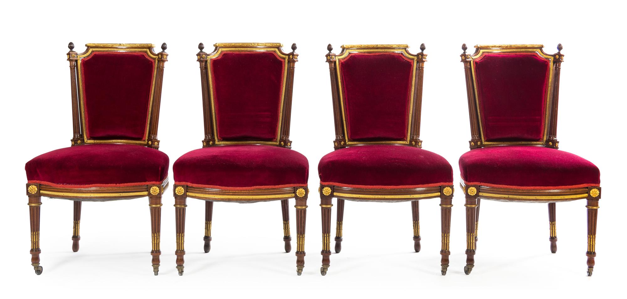 A Louis XVI Style Gilt Bronze Mounted Mahogany Salon Suite Height of settee 38 1/4 x width 63 x depth 31 3/4 inches. — PAUL SORMANI, PARIS, CIRCA 1900