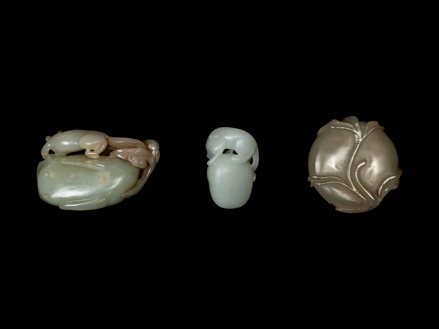 Three Chinese Celadon Jade Carved 'Fruits' Articles