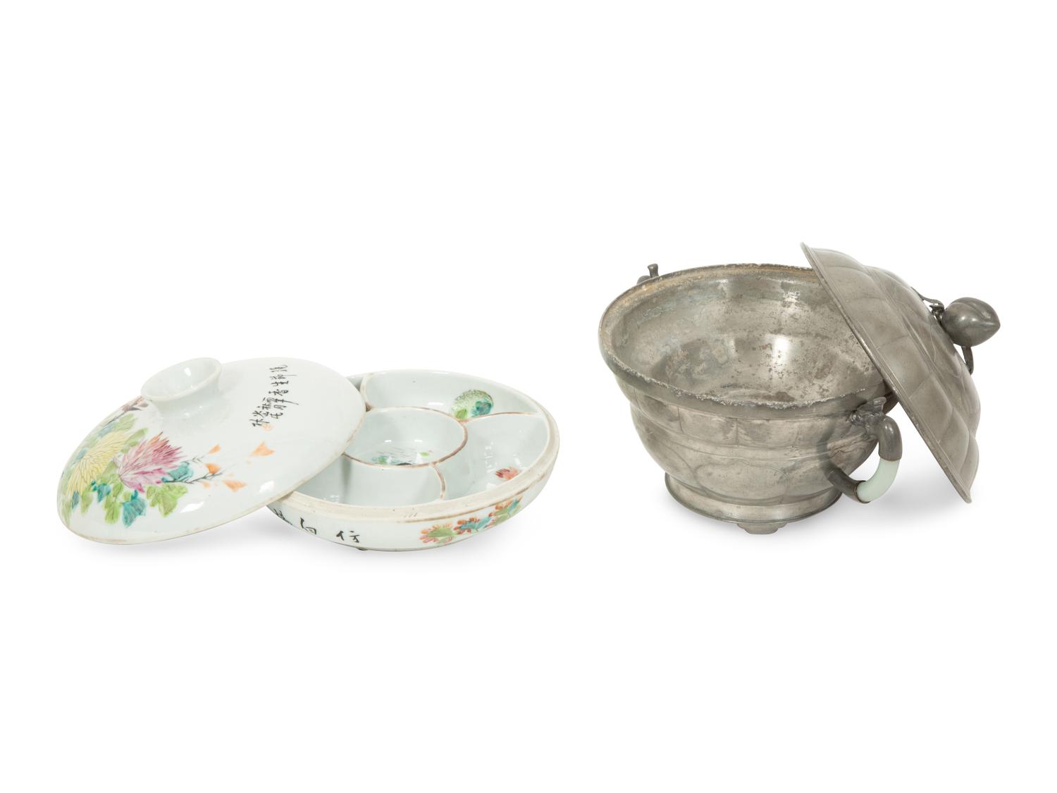 A Chinese Hardstone Mounted Pewter Covered Vessel and a Porcelain Covered Condiment Bowl