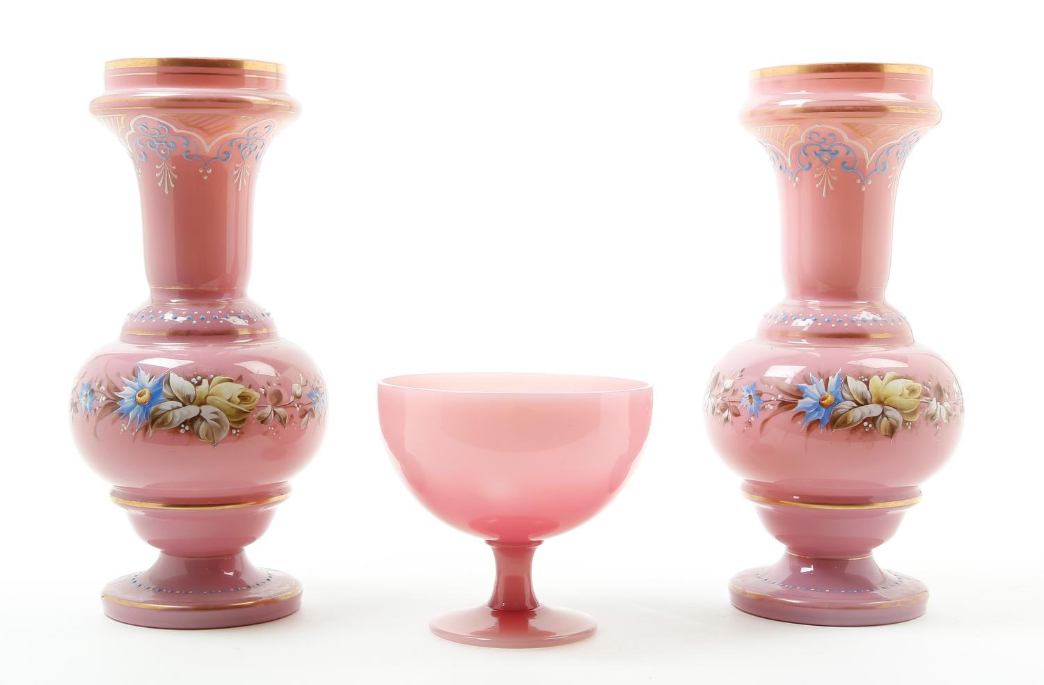 Three Pink Opaline Glass Articles Height of vase 11 3/8 inches.