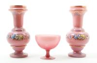Three Pink Opaline Glass Articles Height of vase 11 3/8 inches.