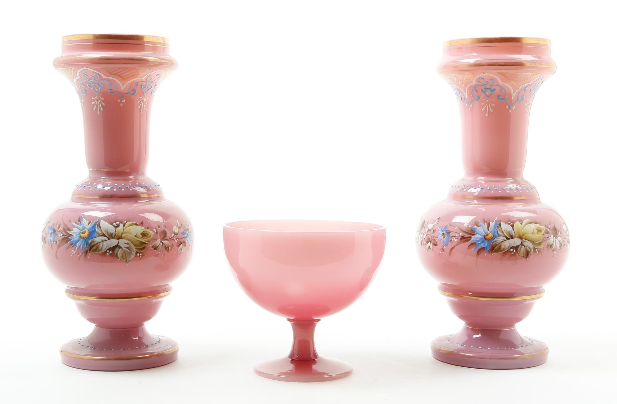 Three Pink Opaline Glass Articles Height of vase 11 3/8 inches.