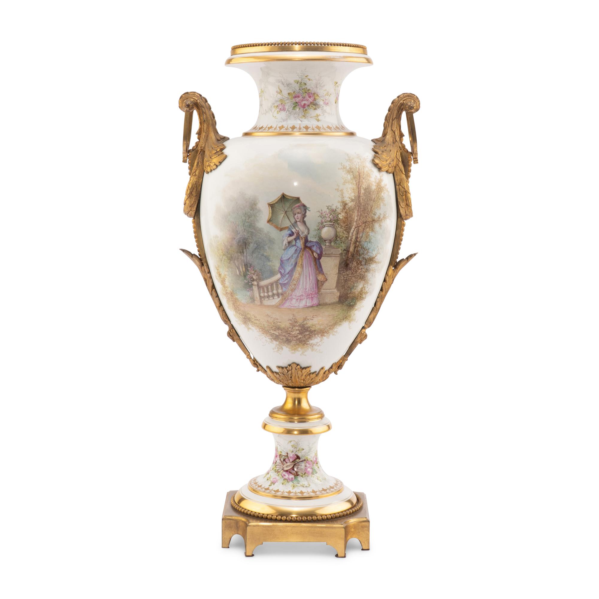 A Sèvres Style Gilt Bronze Mounted Porcelain Urn
