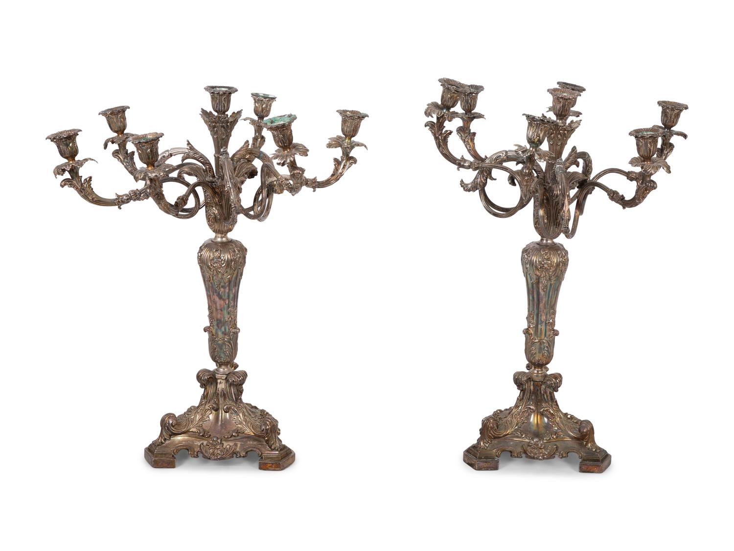 A Pair of English Silver on Copper Seven-Light Candelabra — 19TH CENTURY