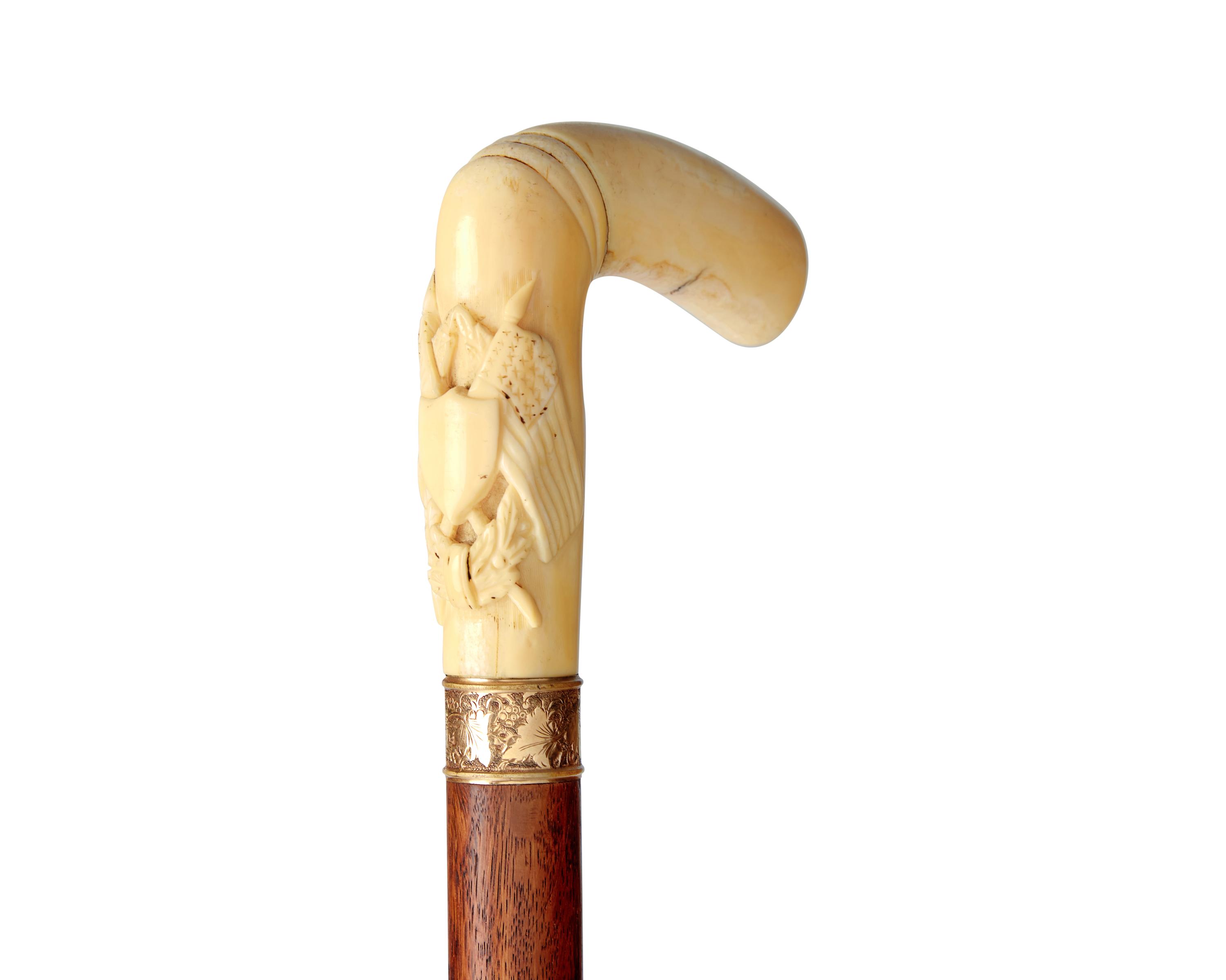 A Carved Bone And Gold-Mounted Oak Walking Stick Made Of The Timbers From Independence Hall