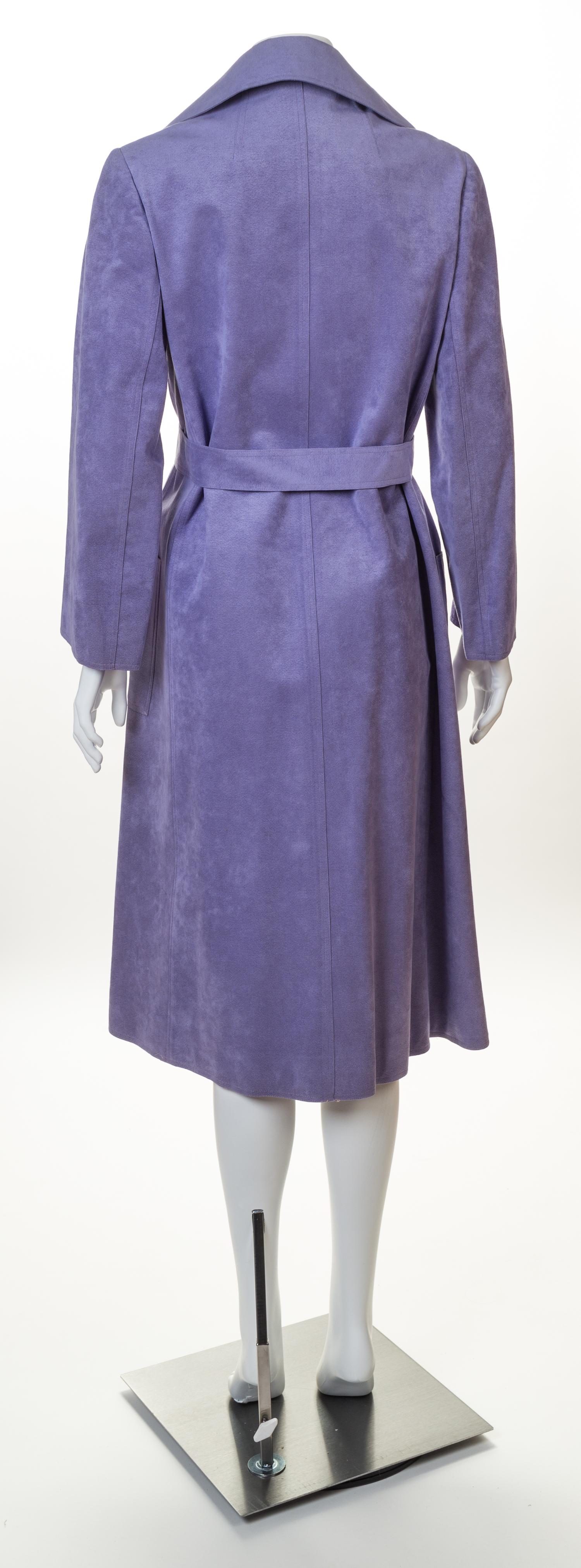 A Halston Lavender Ultra Suede Double Breasted Coat, Size 6; Belt: 62.5" x 1.75".