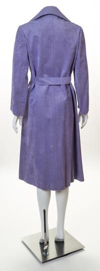A Halston Lavender Ultra Suede Double Breasted Coat, Size 6; Belt: 62.5" x 1.75".