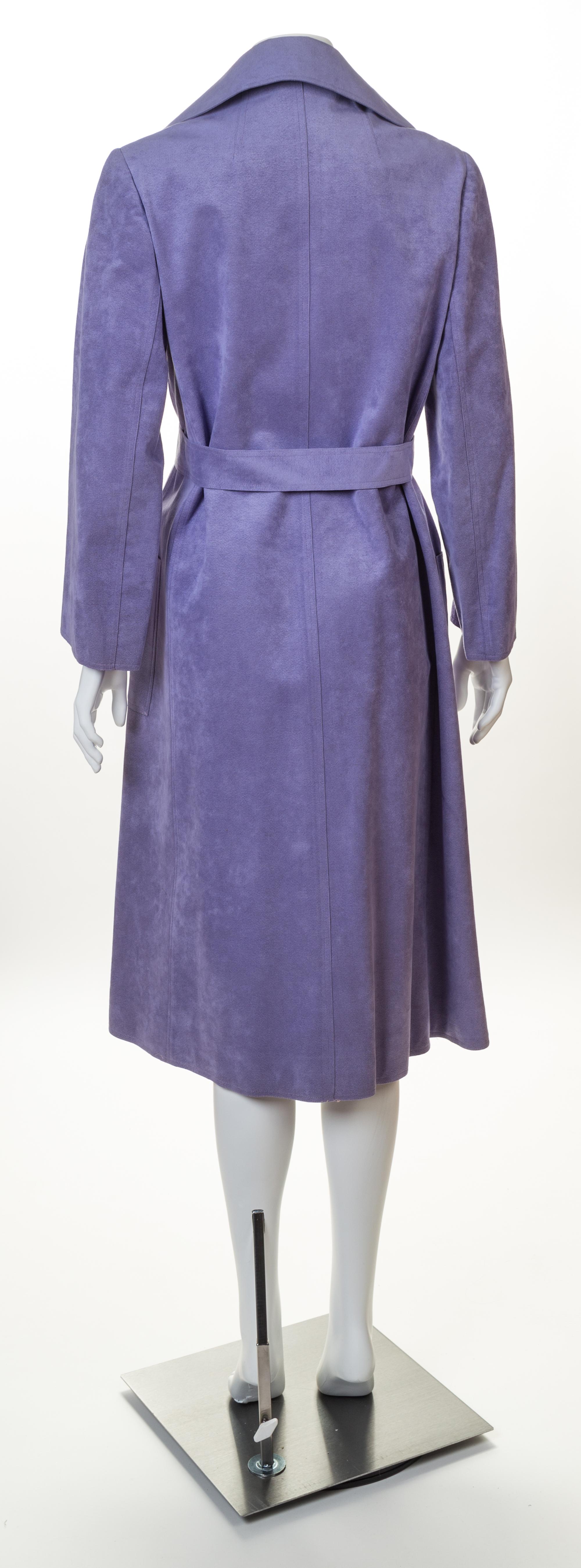 A Halston Lavender Ultra Suede Double Breasted Coat, Size 6; Belt: 62.5" x 1.75".