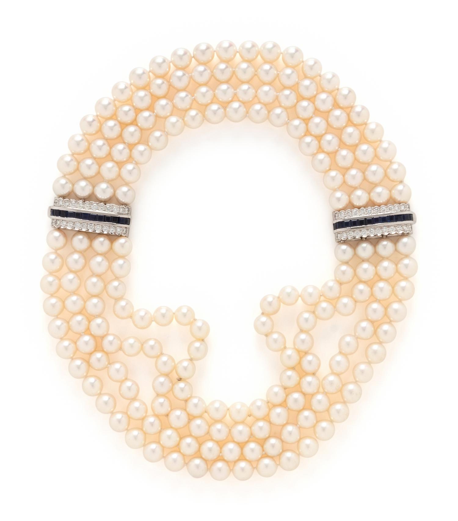 CULTURED PEARL, DIAMOND, AND SAPPHIRE NECKLACE