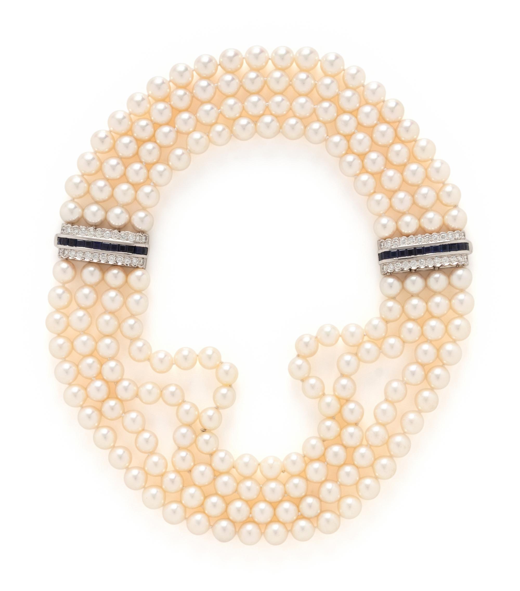 CULTURED PEARL, DIAMOND, AND SAPPHIRE NECKLACE