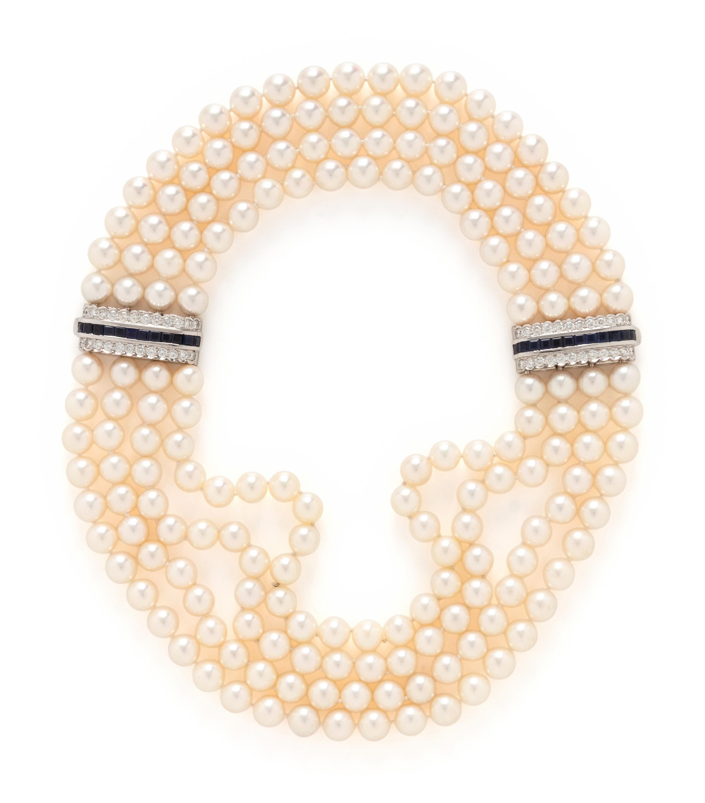 CULTURED PEARL, DIAMOND, AND SAPPHIRE NECKLACE