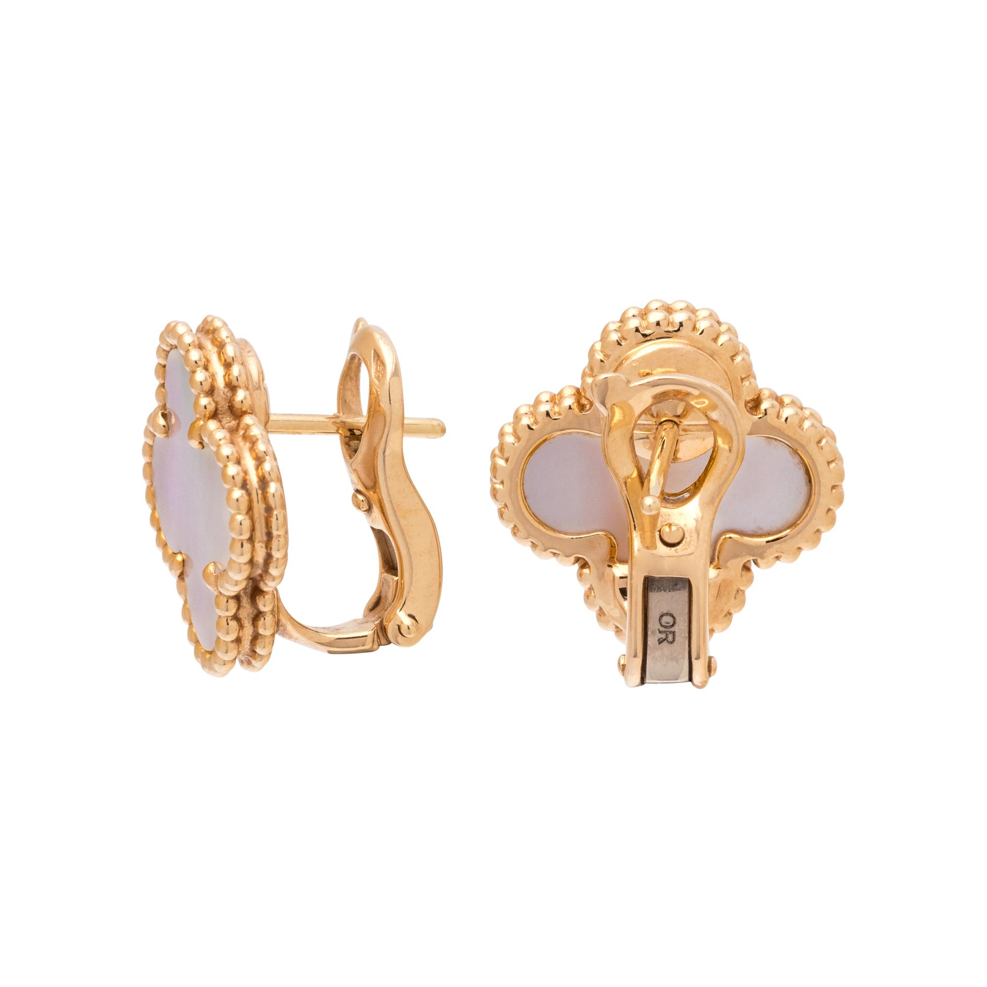 VAN CLEEF & ARPELS, YELLOW GOLD AND MOTHER-OF-PEARL 'ALHAMBRA' EARCLIPS