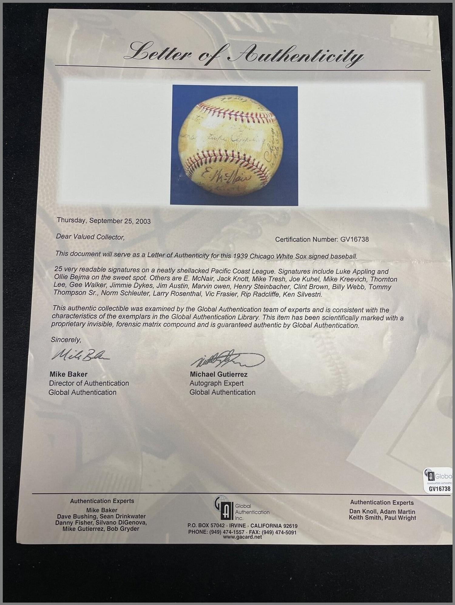A 1939 Chicago White Sox Team Signed Autograph Baseball,