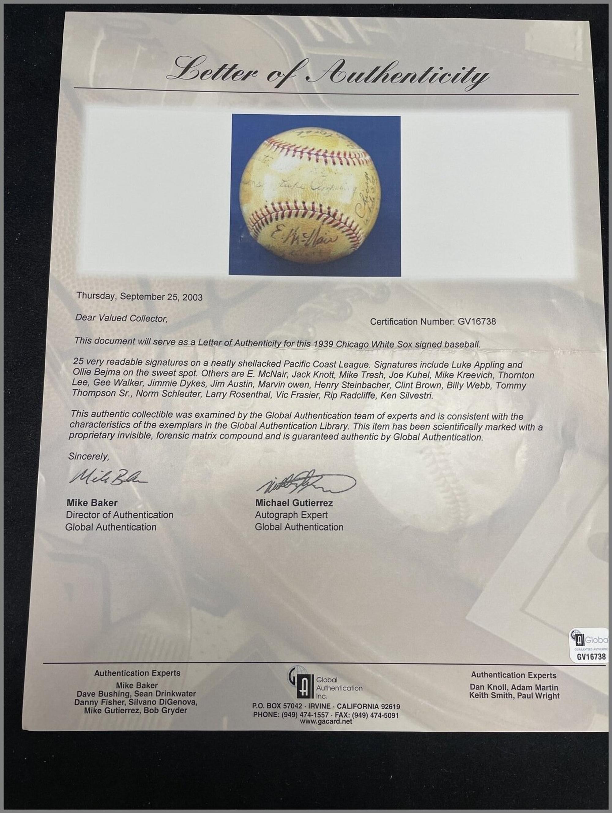 A 1939 Chicago White Sox Team Signed Autograph Baseball,