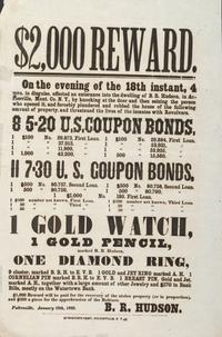 [CRIME & PUNISHMENT]. $2000 Reward. Fultonville, NY: Horton's Print, 19 January 1866.