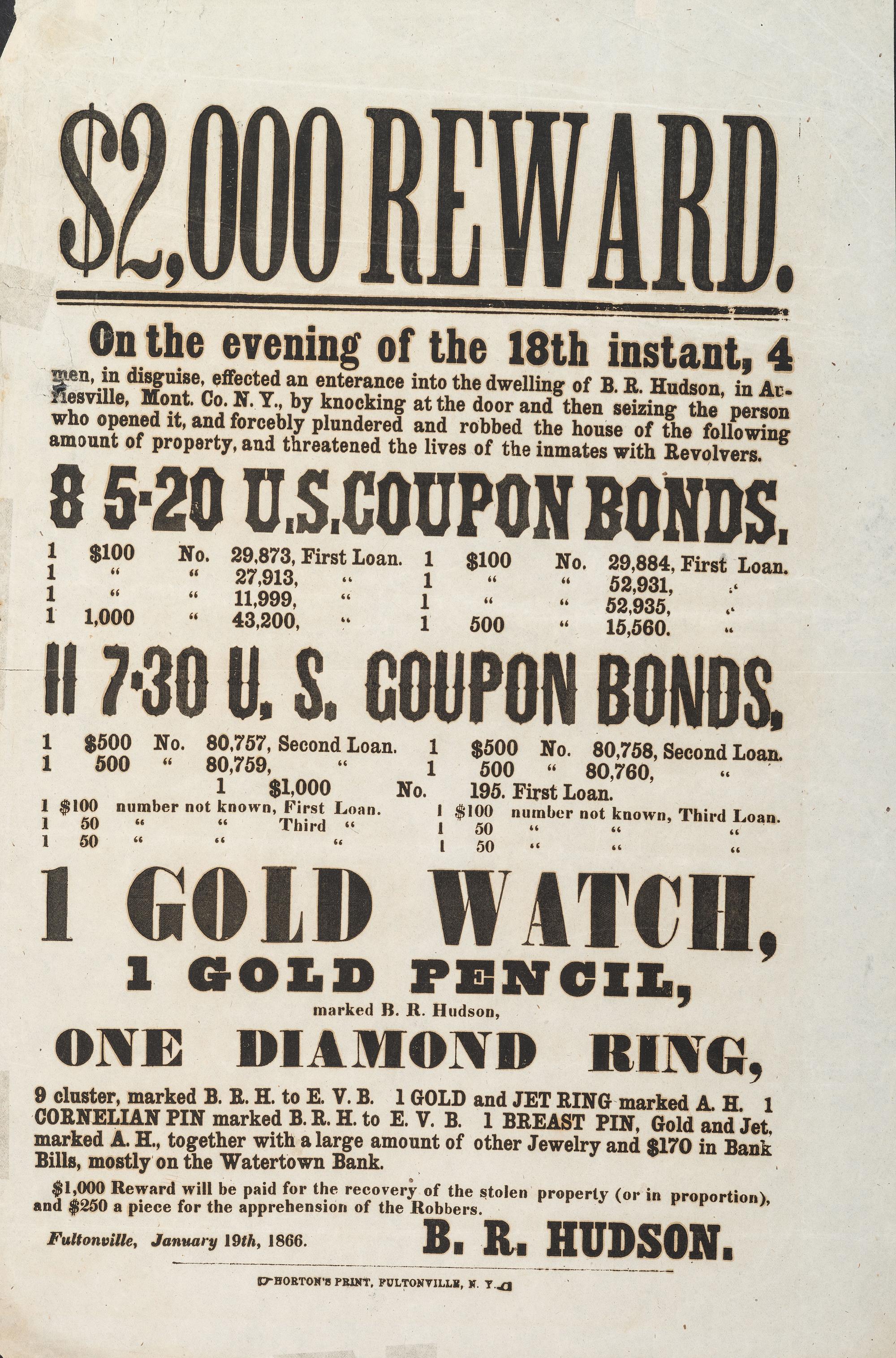 [CRIME & PUNISHMENT]. $2000 Reward. Fultonville, NY: Horton's Print, 19 January 1866.