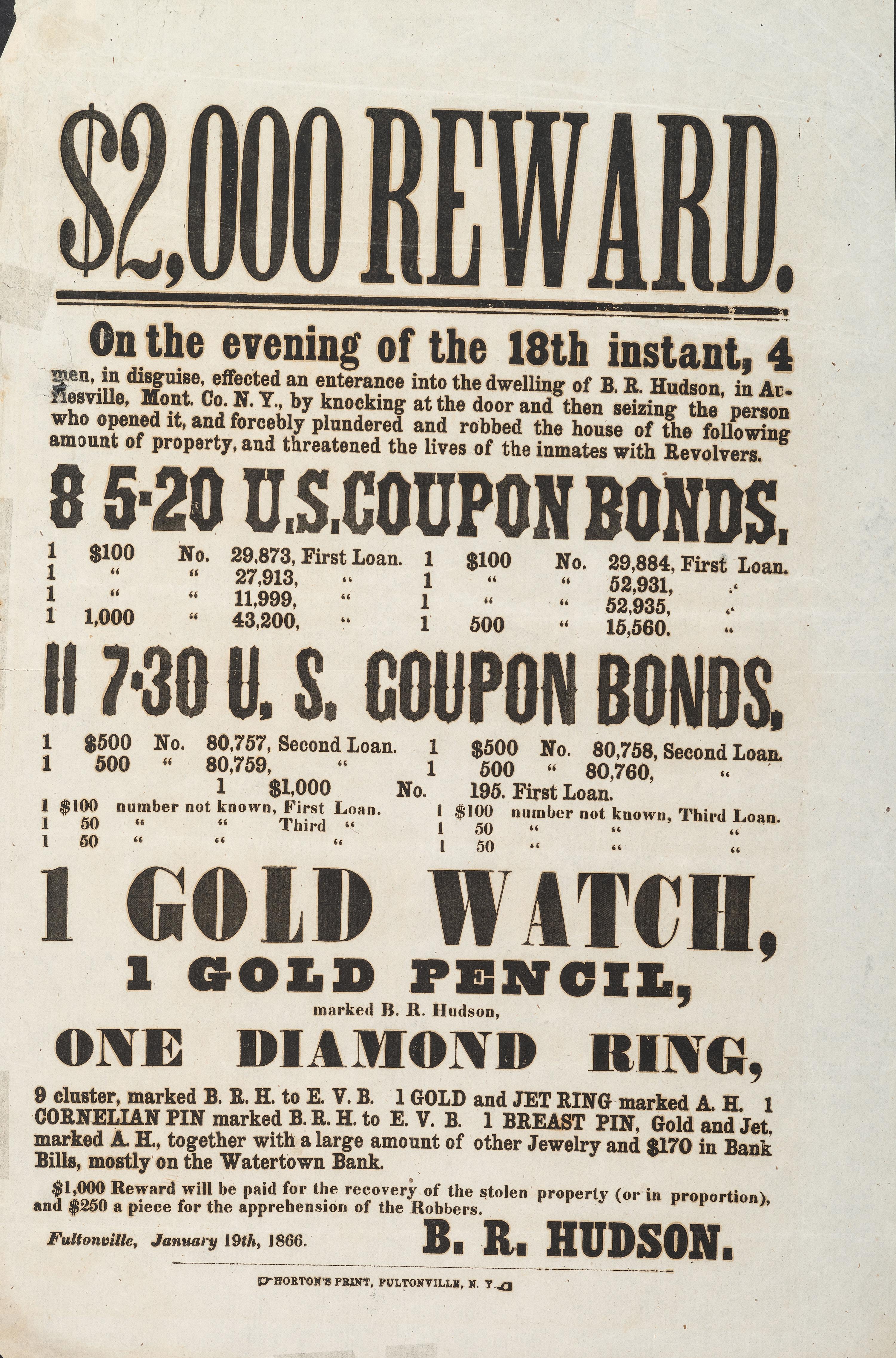 [CRIME & PUNISHMENT]. $2000 Reward. Fultonville, NY: Horton's Print, 19 January 1866.