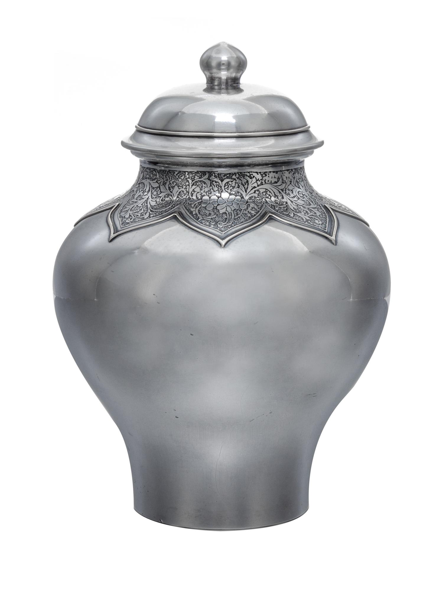 An American Silver Tea Caddy, The Sweester & Co., New York, NY, Early 20th Century, of baluster form, the neck decorated with floral an