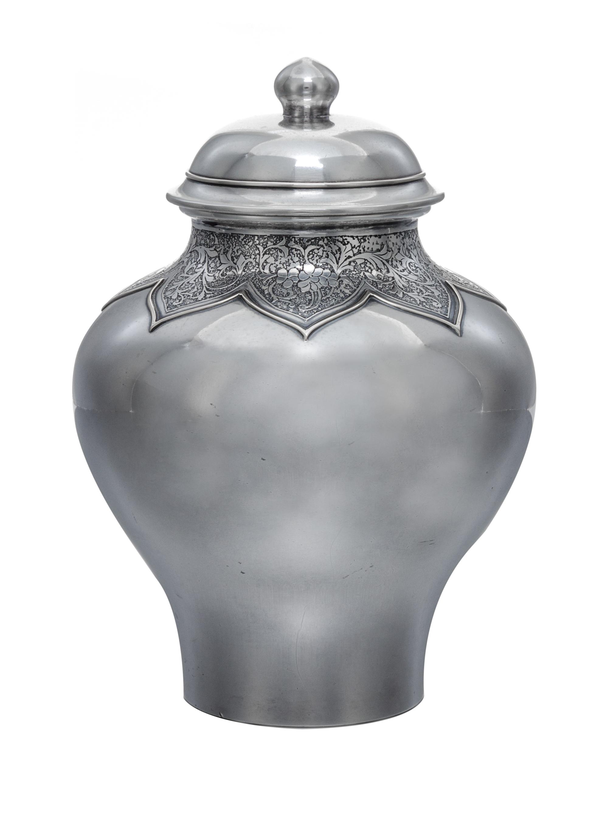 An American Silver Tea Caddy, The Sweester & Co., New York, NY, Early 20th Century, of baluster form, the neck decorated with floral an