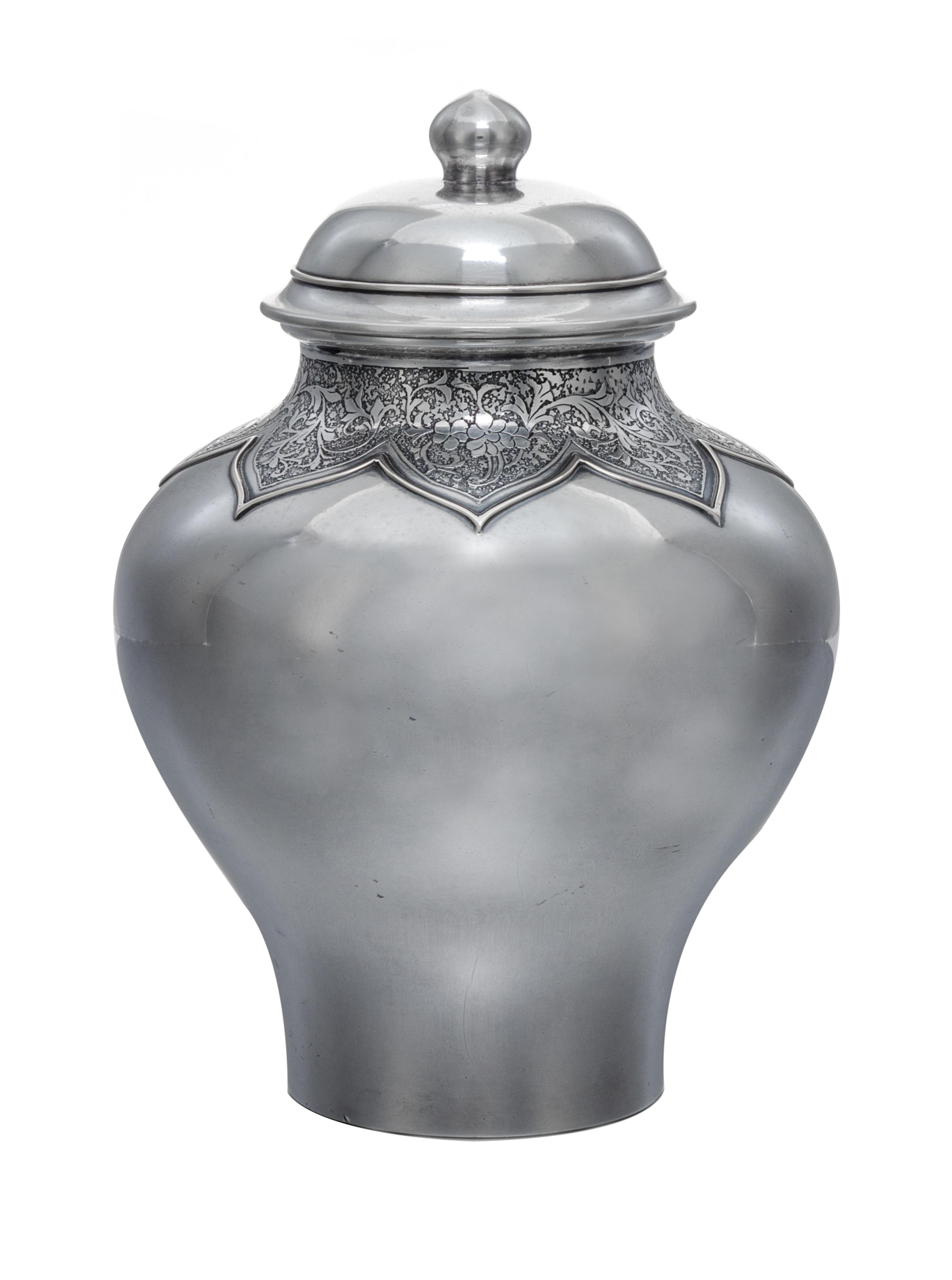 An American Silver Tea Caddy, The Sweester & Co., New York, NY, Early 20th Century, of baluster form, the neck decorated with floral an