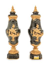 A Pair of Continental Gilt Bronze Mounted Marble Urns