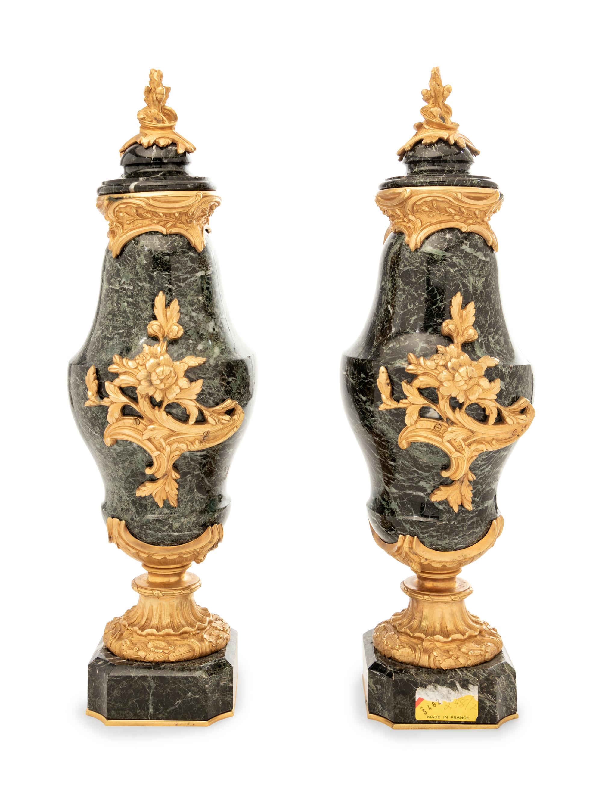A Pair of Continental Gilt Bronze Mounted Marble Urns
