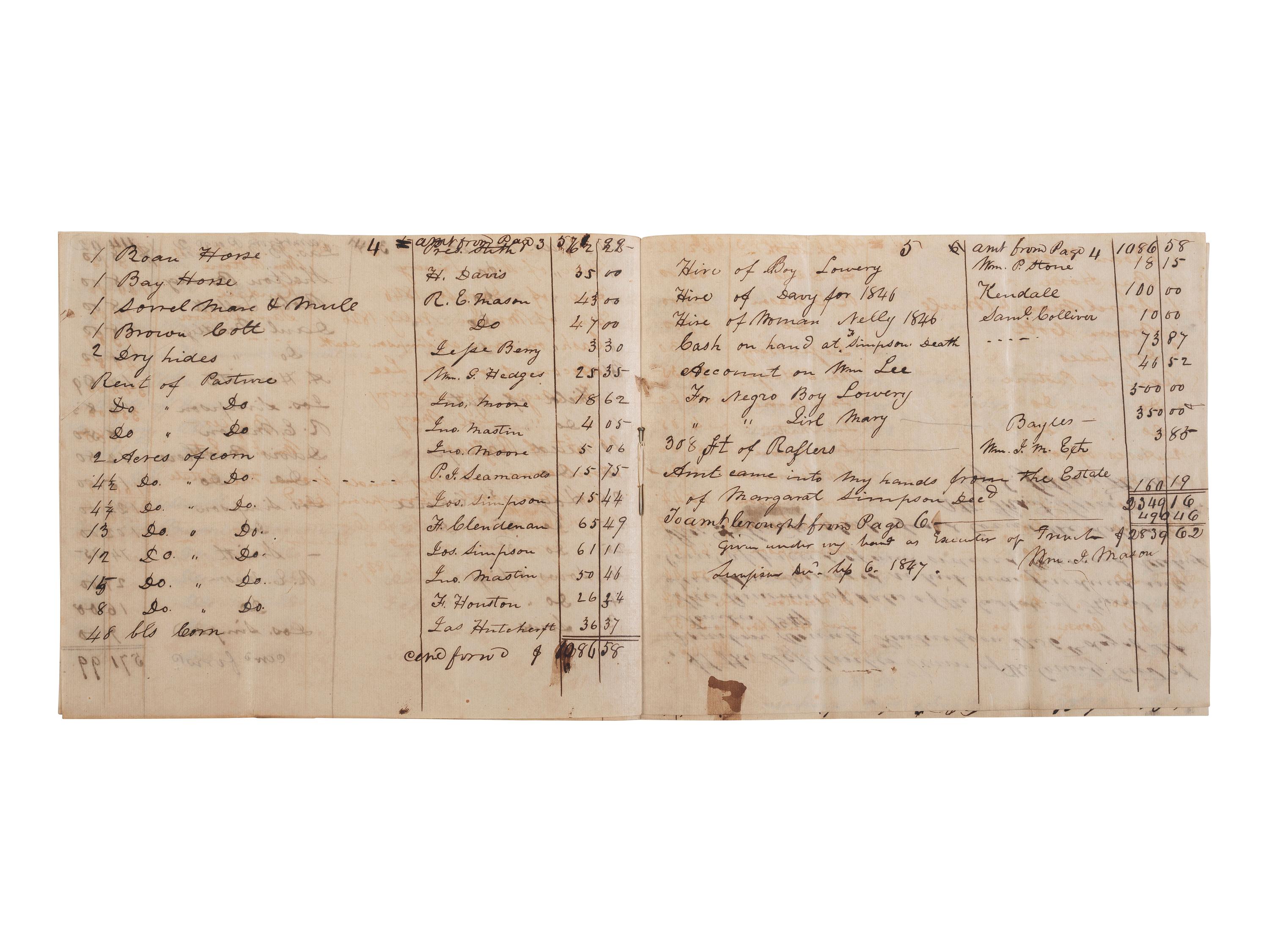[ENSLAVEMENT & ABOLITION]. A group of 6 estate documents listing individual enslaved persons, most by name. [Bourbon County, KY]. 1831-1861.