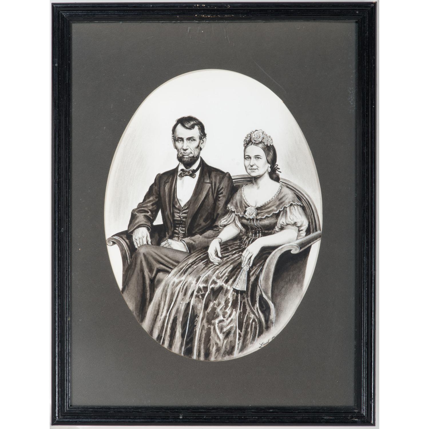 Lloyd Ostendorf, Pen and Ink Wash Drawing of Abraham and Mary Todd Lincoln