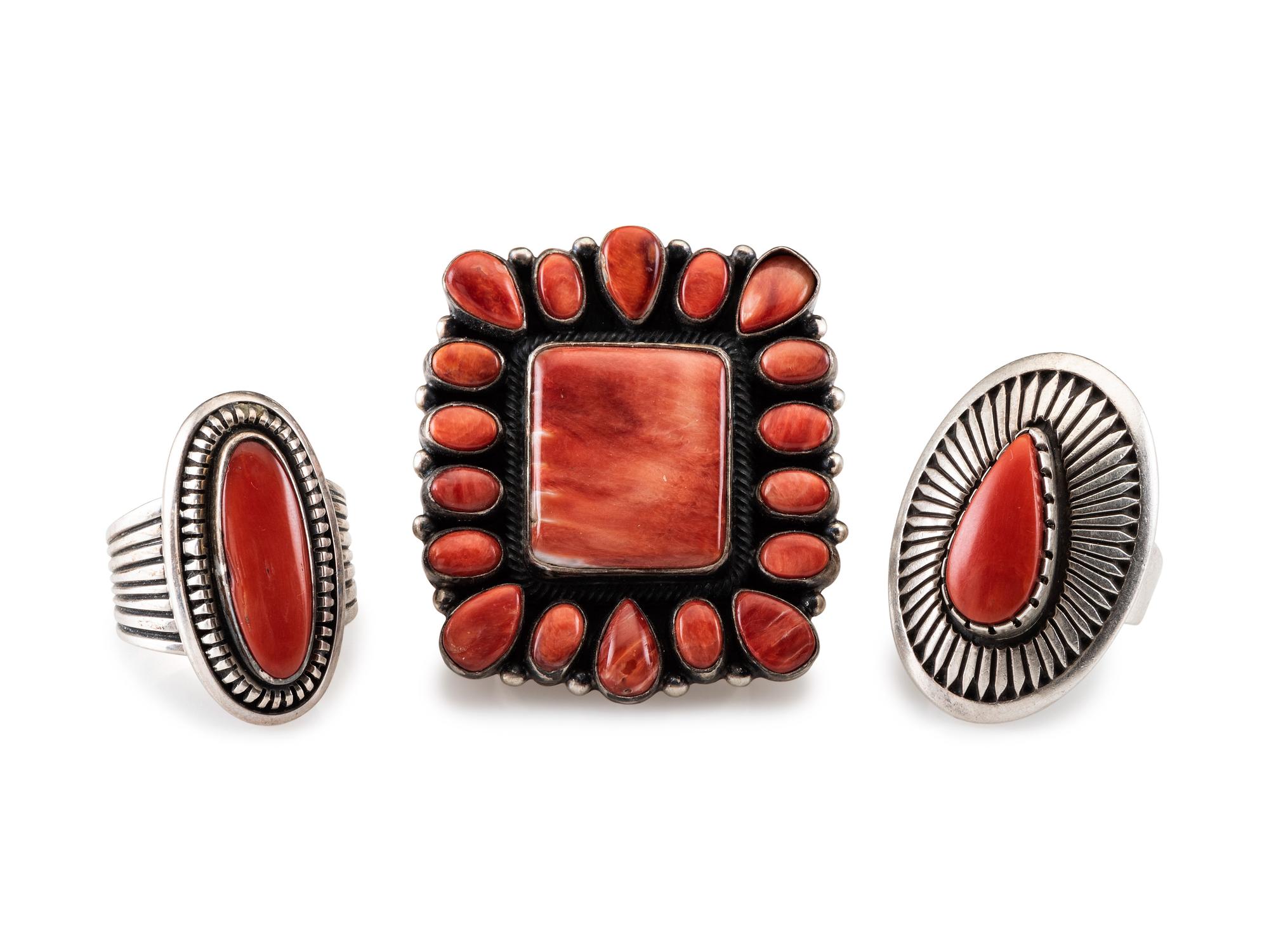 Sterling Silver Coral and Spiny Oyster Rings
