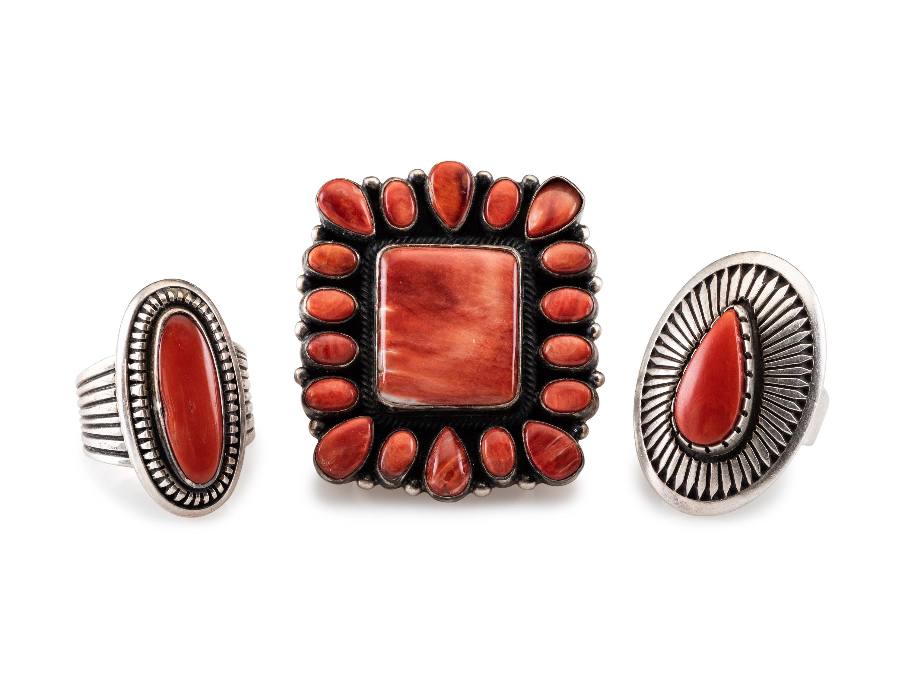 Sterling Silver Coral and Spiny Oyster Rings
