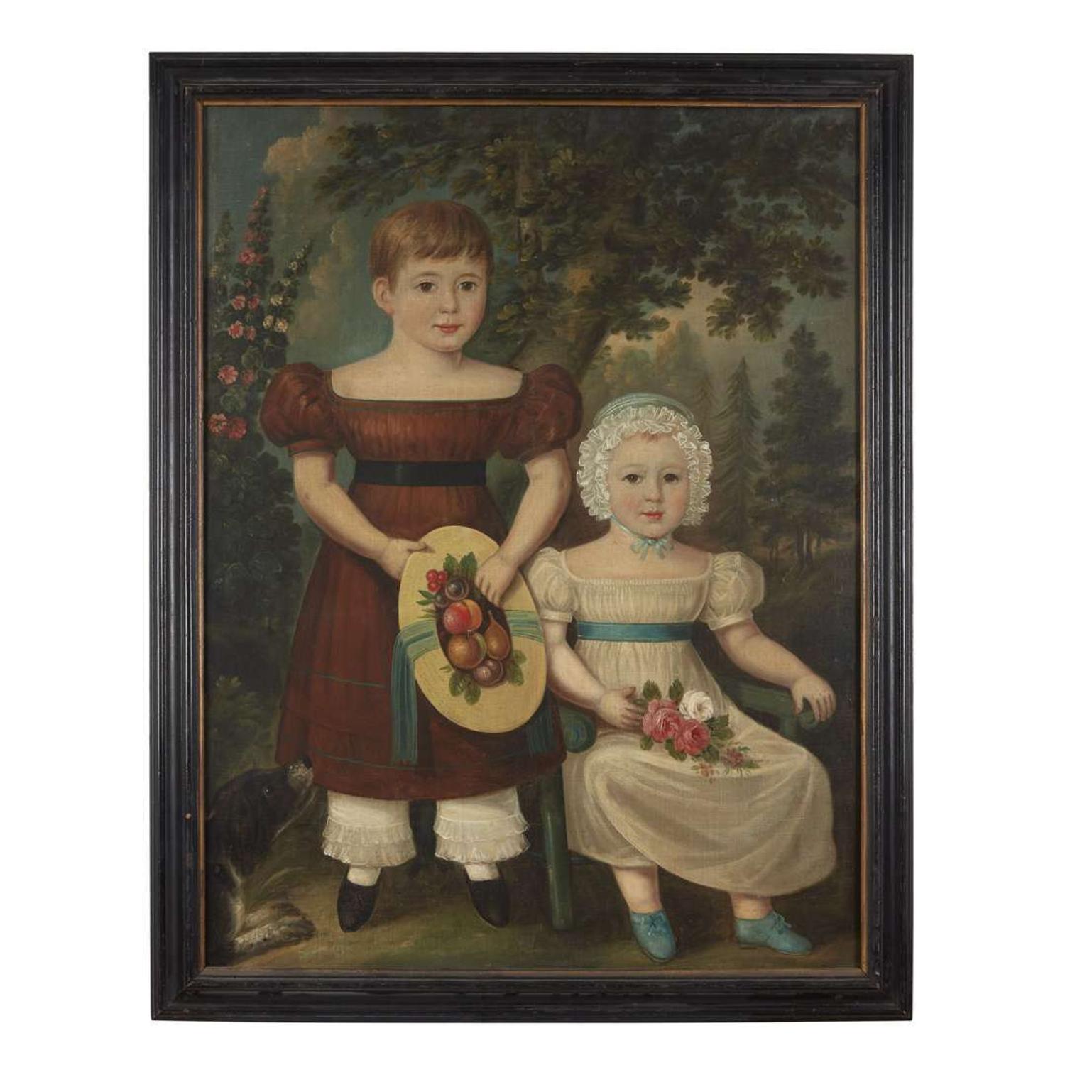 American School 19th century Portrait of two children and dog, circa 1830