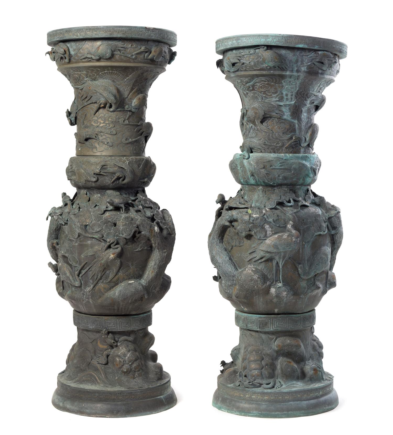 A Pair of Monumental Japanese Patinated Metal Urns Height 54 inches.