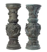 A Pair of Monumental Japanese Patinated Metal Urns Height 54 inches.