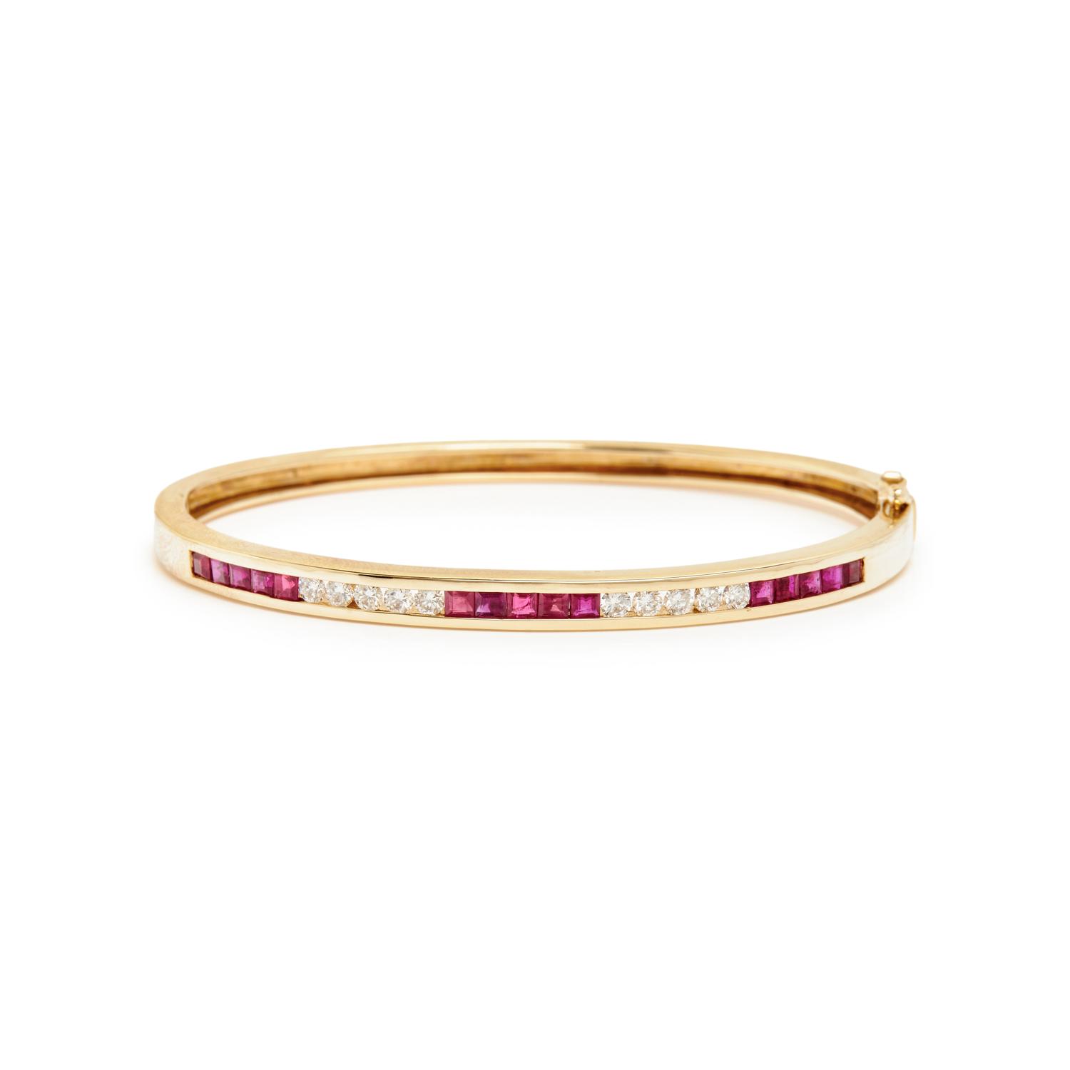 YELLOW GOLD, RUBY, EMERALD, AND DIAMOND BANGLES