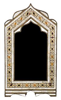 A Middle Eastern Silvered Metal and Bone Inlaid and Hardstone Inlaid Mirror 42 x 23 1/2 inches.