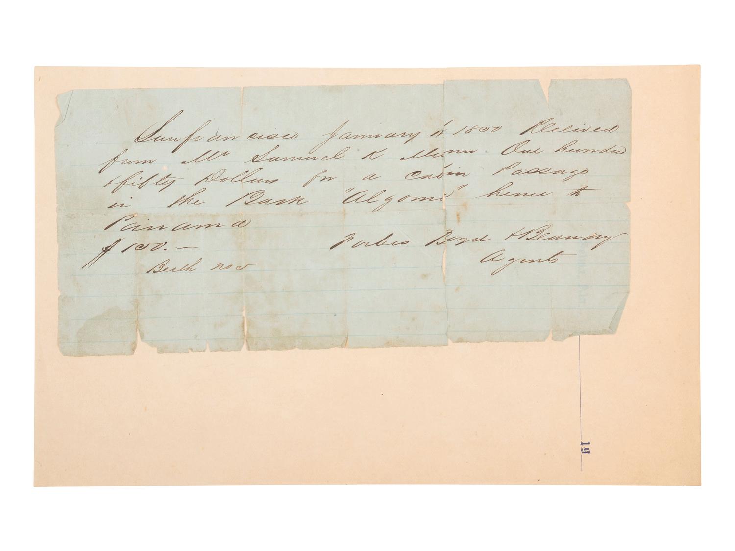 [GOLD RUSH]. Receipt for purchase of passage to Panama from San Francisco. 4 January 1850.