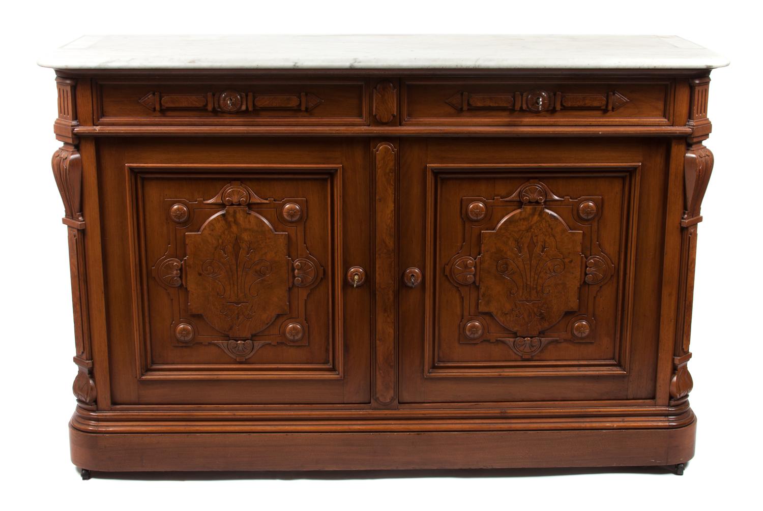 A Victorian Burlwood Sideboard Height 39 1/2 x width 61 x depth 20 3/4 inches. — 19TH CENTURY