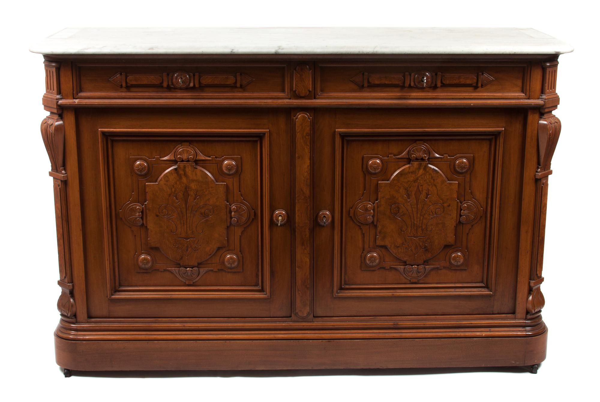 A Victorian Burlwood Sideboard Height 39 1/2 x width 61 x depth 20 3/4 inches. — 19TH CENTURY