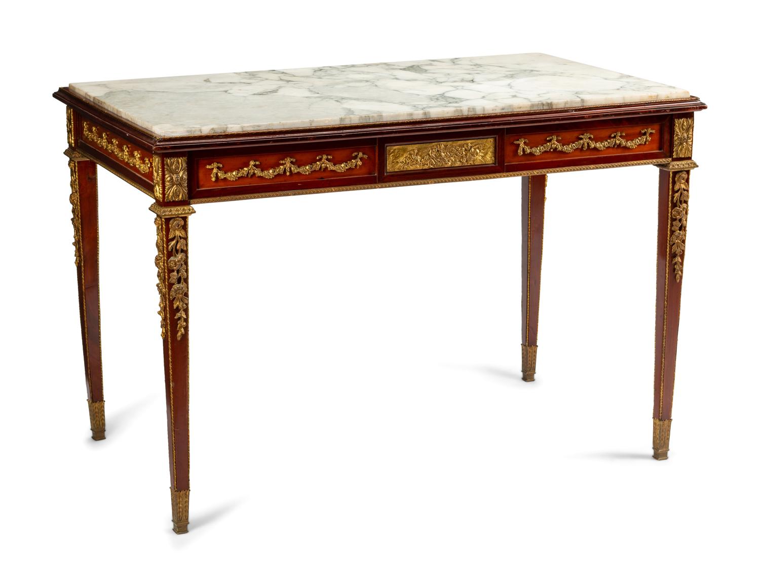 A Louis XVI Style Gilt Bronze Mounted Mahogany Marble-Top Center Table