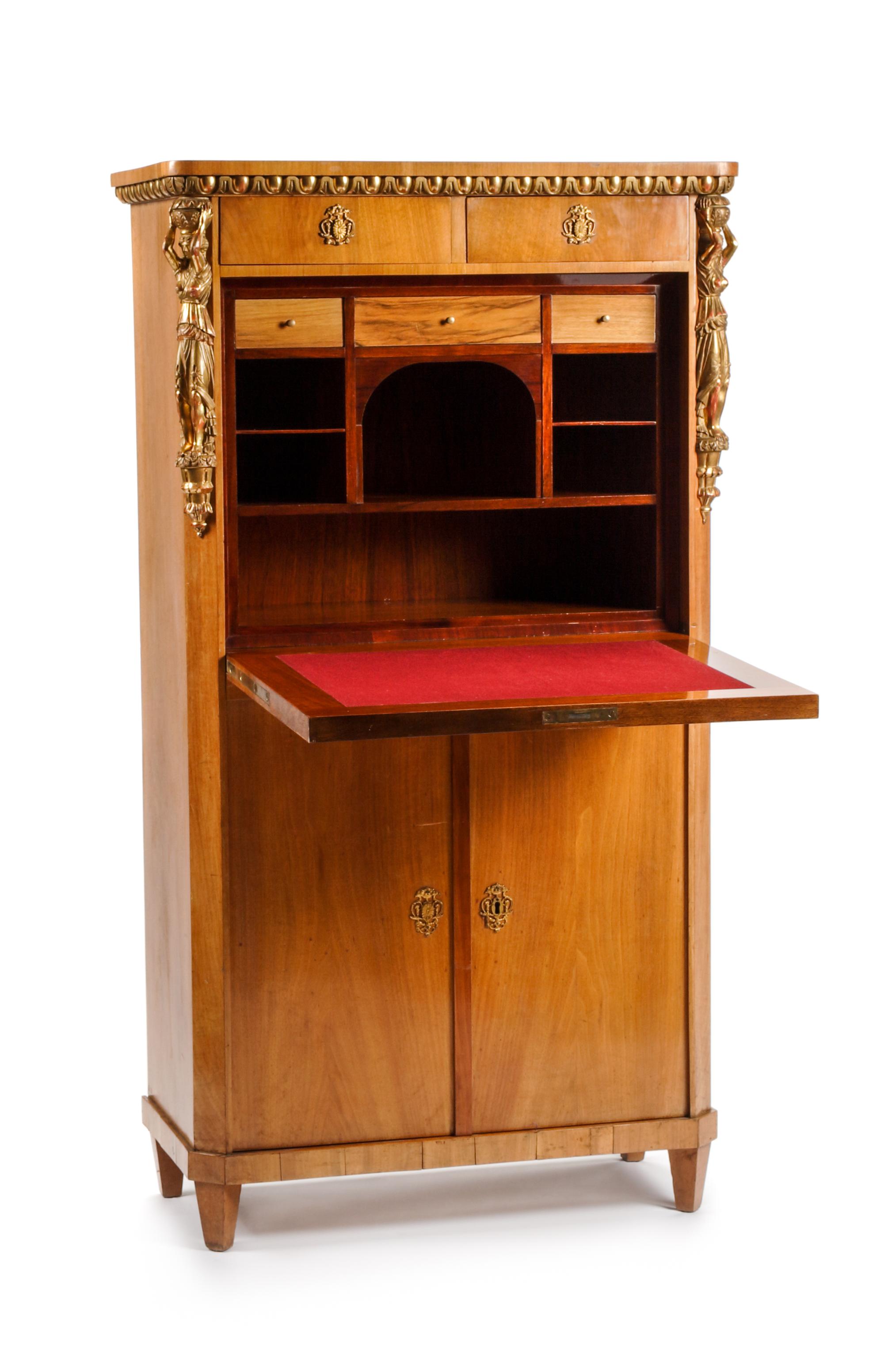An Austrian Parcel Gilt Fruitwood Fall-Front Secretary Height 58 1/2 x width 31 1/2 x depth 16 inches. — 19TH CENTURY