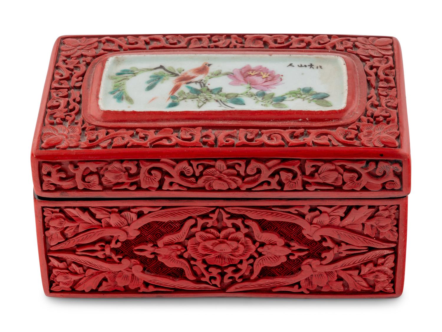 A Chinese Porcelain-Inset Red Lacquer Box
