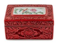 A Chinese Porcelain-Inset Red Lacquer Box