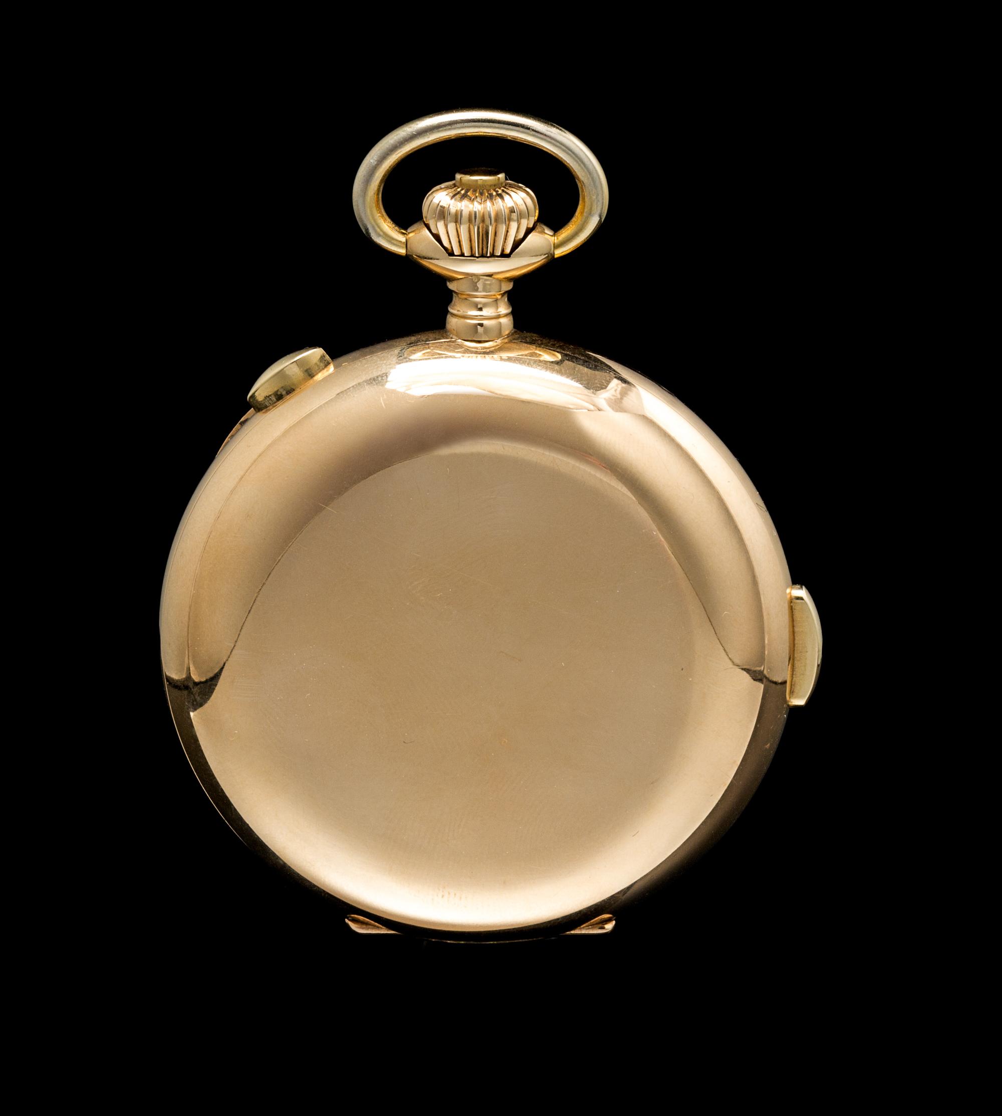 A 14 Karat Yellow Gold Hunter Case Chronograph Quarter Repeating Pocket Watch, Audemars Freres,