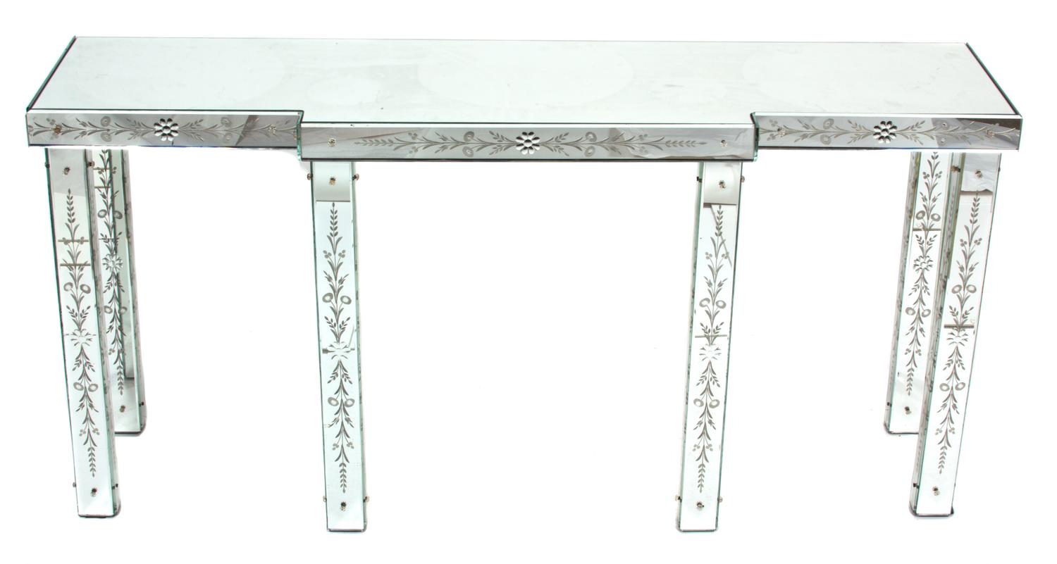 A Venetian Style Mirrored Console Table Height 32 x width 65 x depth 17 inches. — 20TH CENTURY