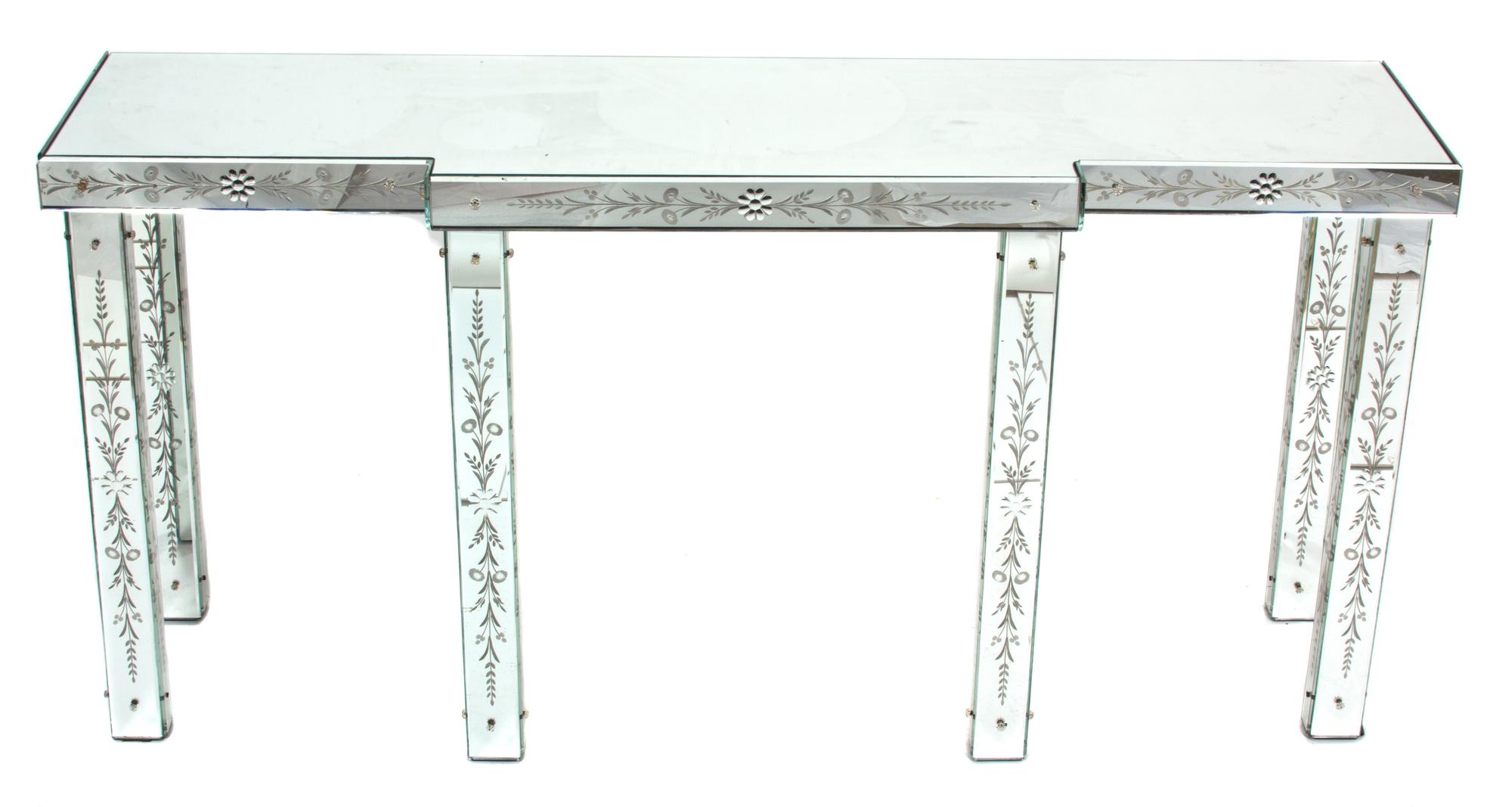 A Venetian Style Mirrored Console Table Height 32 x width 65 x depth 17 inches. — 20TH CENTURY