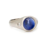 WHITE GOLD, SYNTHETIC SAPPHIRE, AND DIAMOND RING