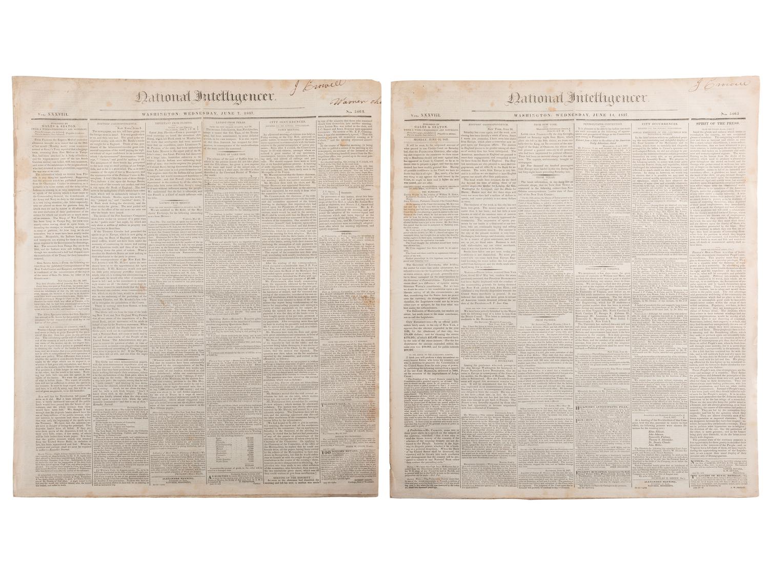 [SLAVERY & ABOLITION]. Advertisements for the return of freedom seekers published in 8 issues of The National Intelligencer . Washington, DC: May-August 1837.